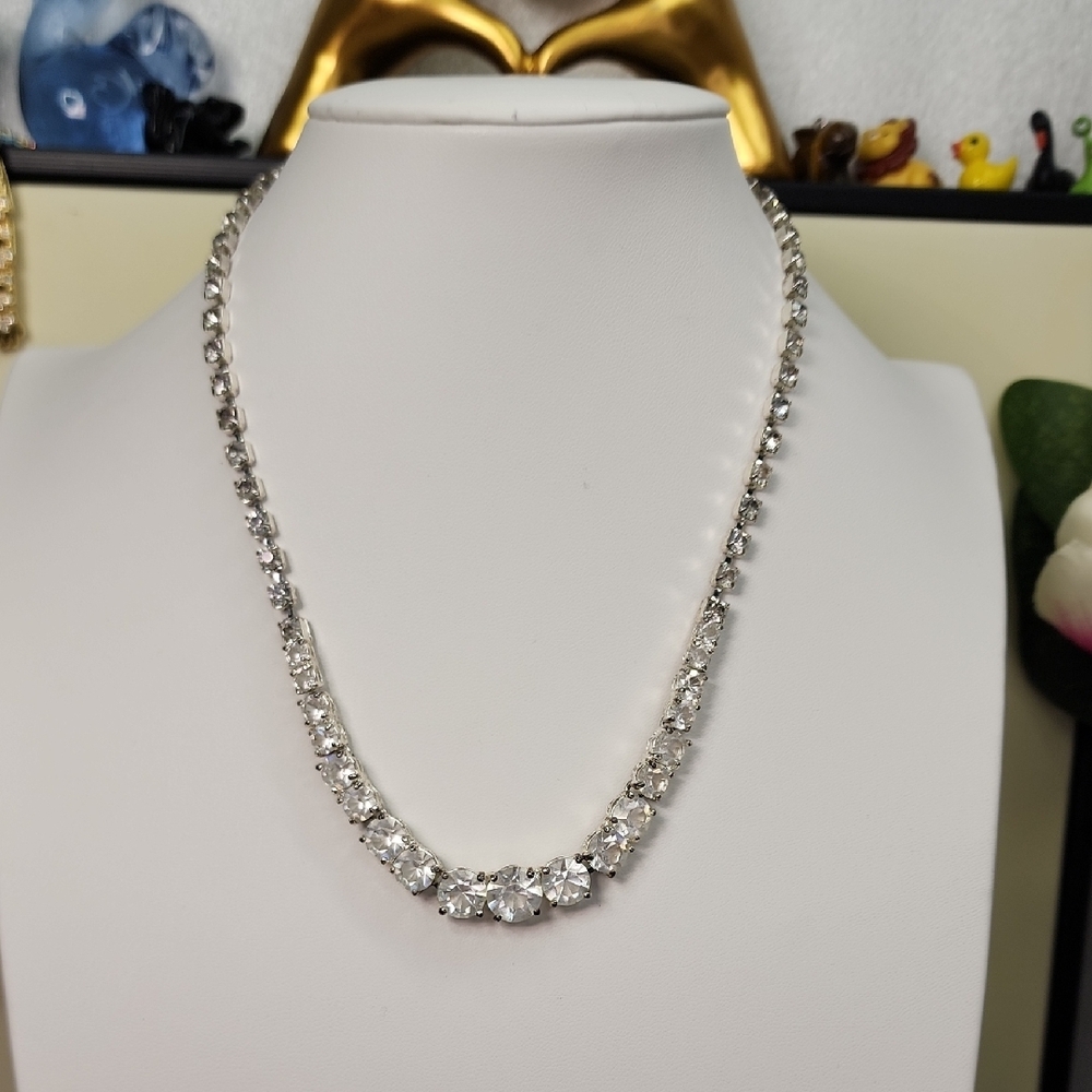 Dainty Silver Tone Rhinestone  Necklace Signed LC